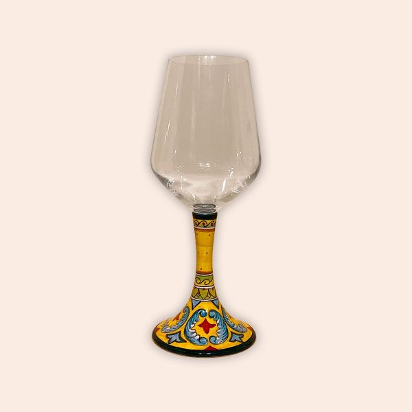 ELEGANT LEAD-FREE CRYSTAL GLASS WITH CERAMIC STEM. DESIGN: GEOMETRIC IN YELLOW, GREEN AND RED cm.23h